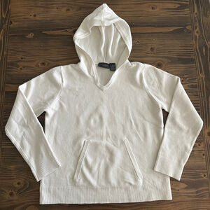 Women’s Relativity White Knit Hoodie Sweater M V-Neck Kangaroo Pocket
